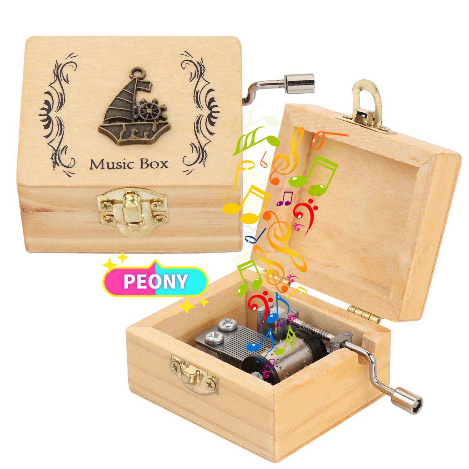 PEONY Mother's Day Music Box Birthday Antique Engraved Wooden Hand Crank Classical Thanksgiving Day Memorial Gifts Valentine's Day Musical Boxes