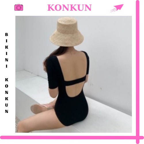 Đồ bơi nữ bikini liền thân màu đen khoét lưng dây ngang sành điệu KONKUN MS22