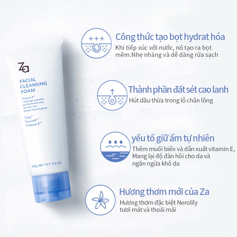 Sữa rửa mặt tạo bọt ZA 100g tẩy tế bào chết chăm sóc da sạch sâu không gây kíchứng