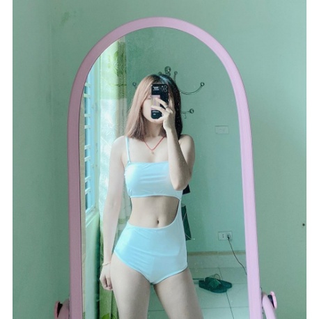 Sét bikini nữ liền thân màu trắng cổ yếm cut out KONKUN MS32