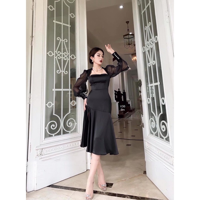 Đầm body tay phồng xẻ tà