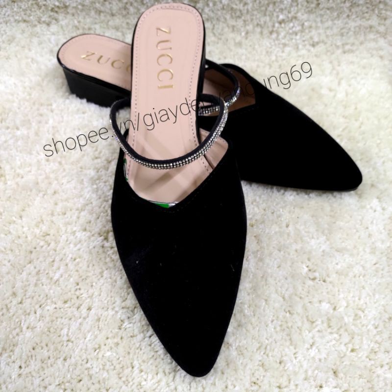 Sục 3p đế liền dây đá nhung gót vuông