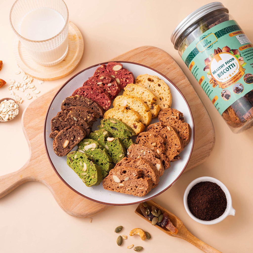 Bánh BISCOTTI ONFOD ăn kiêng giảm cân nguyên cám không đường mix 5 vị dành cho người giảm cân eat clean, tiểu đường