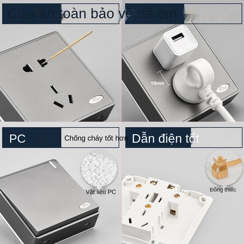 Công tắc ổ cắm gắn trên bề mặt màu xám siêu mỏng hộp mở 5 lỗ cho gia đình 16a dây có usb