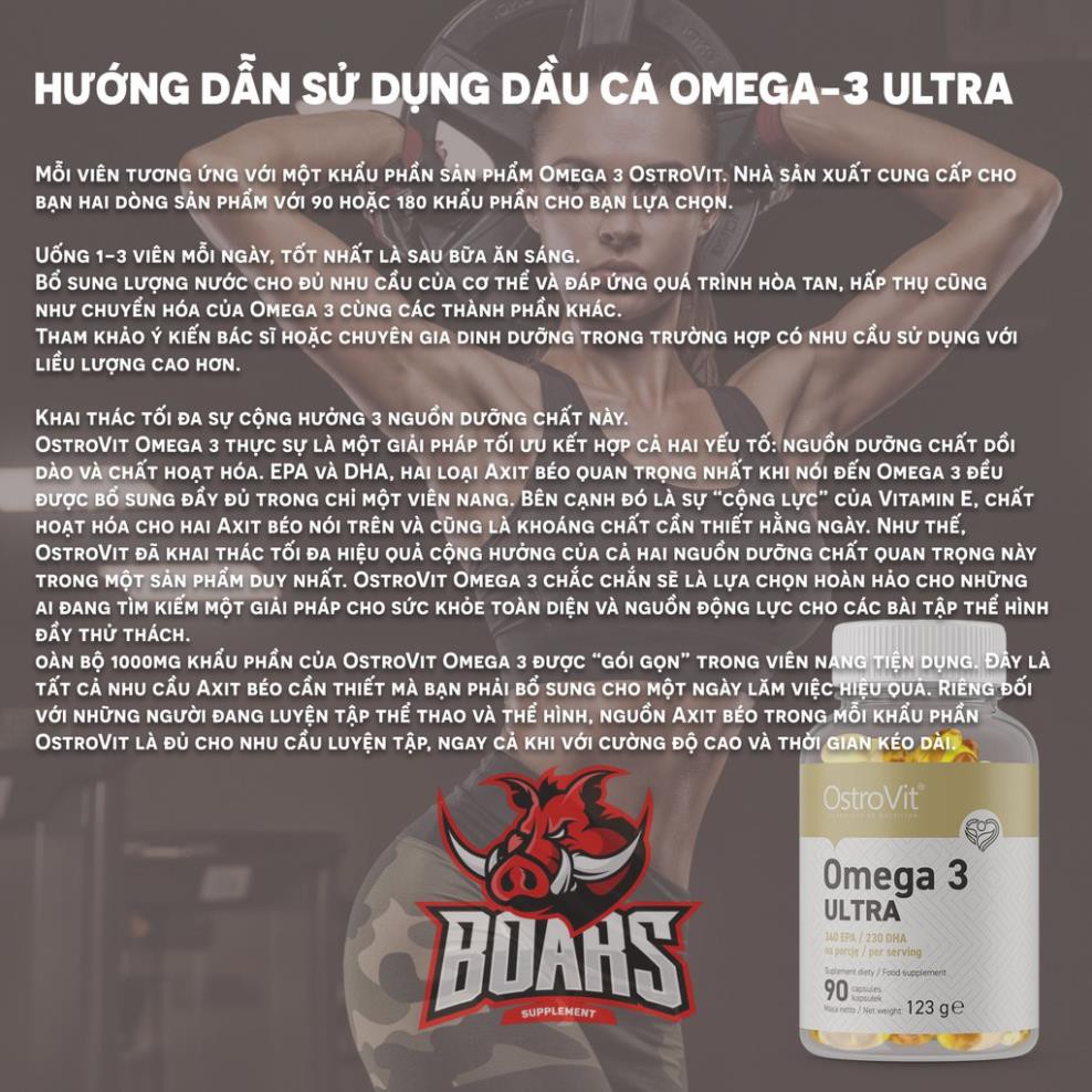 Dầu cá Ostrovit Omega-3 Ultra hàm lượng cao, kết hợp thêm vitamin E giúp tăng hiệu quả của omega3 trong fish oi(90 viên)