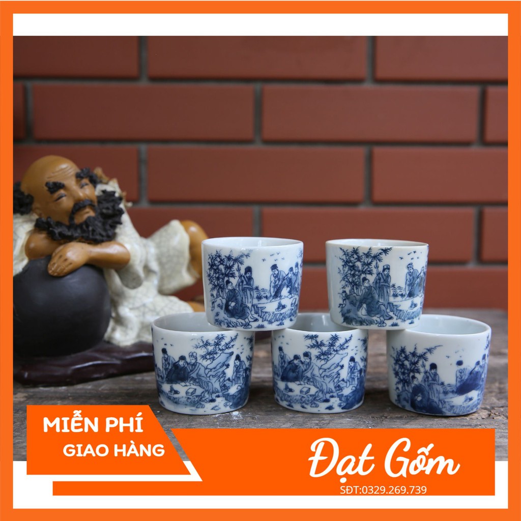 Chén uống trà - chén trúc lâm thất hiền men lam gốm sứ Bát Tràng
