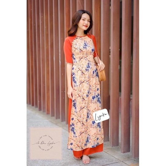 F01-SET ÁO DÀI LỤA ĐÍNH CÚC CAM/ ÁO DÀI LYNKA