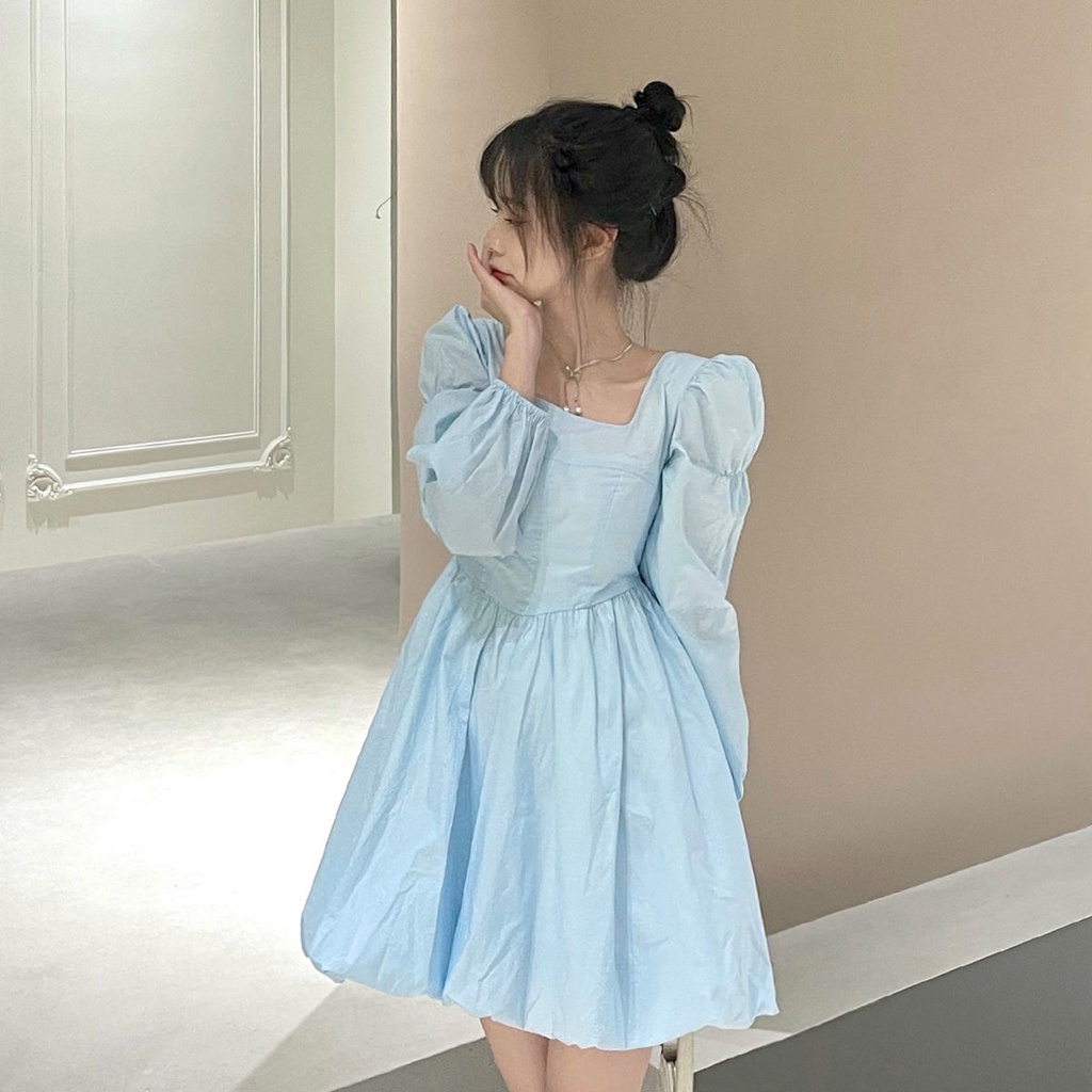 Đầm Tay Dài Cổ Vuông Thiết Kế Mới Xinh Xắn Thời Trang Dành Cho Nữ