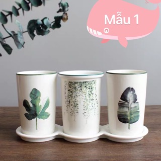 (có sẵn) Bộ cốc sứ đánh răng hình lá