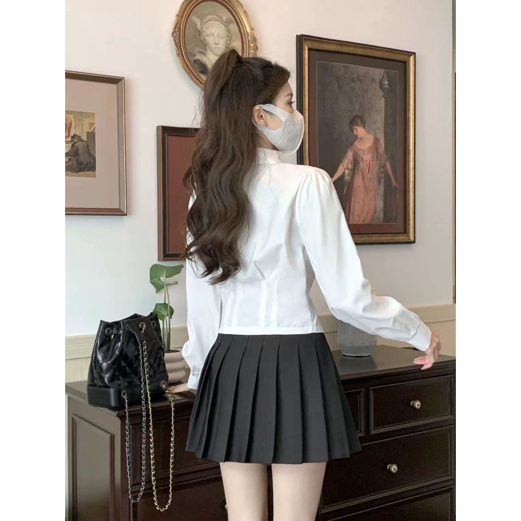 Áo Sơ Mi Tay Dài Dáng Ngắn Ôm Eo Phong Cách Preppy Thời Trang Cho Nữ