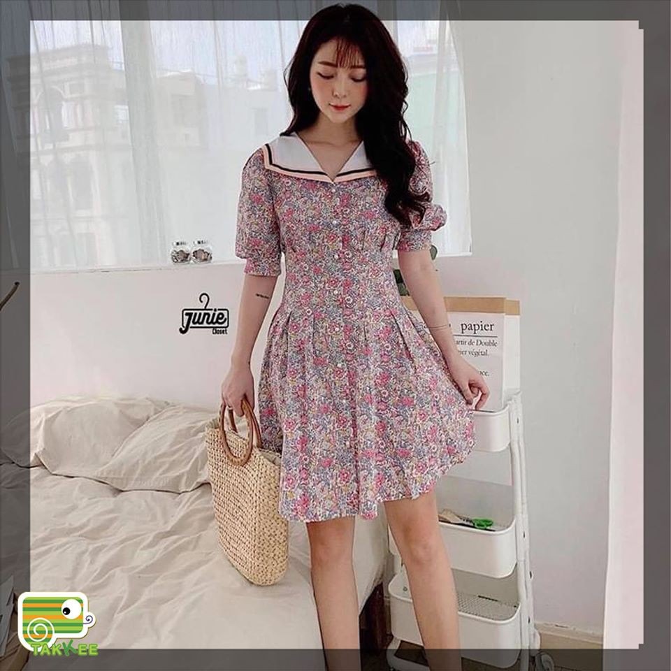 VÁY  ĐẦM XÒE HỌA TIẾT HOA CỔ THUYỀN EO CHIẾT LY HÀNG LỌAI 1