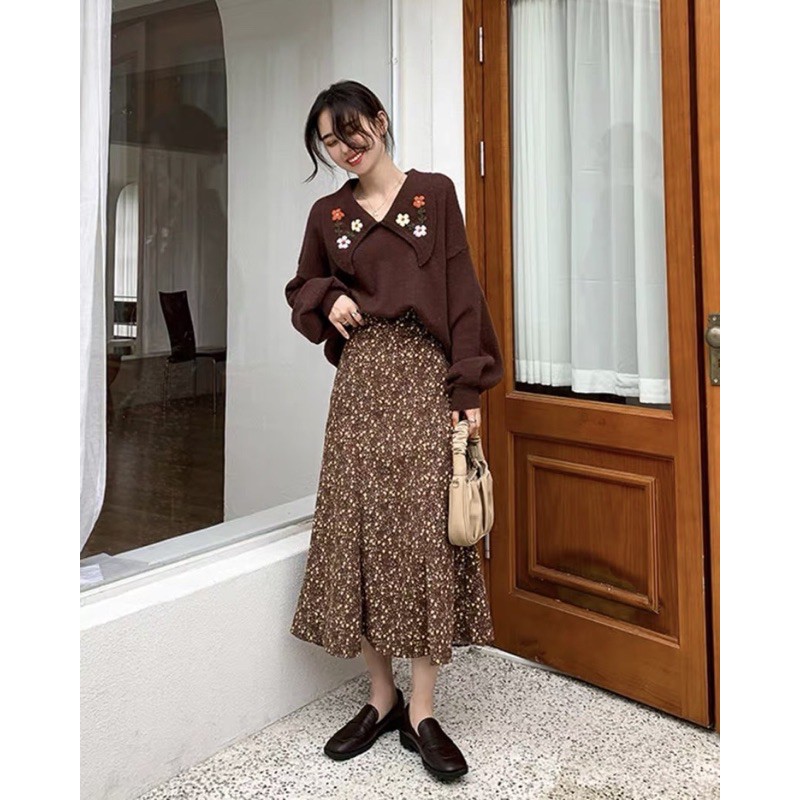 Chân váy midi CV hoa nhí xoè đuôi cá nhung tăm có khoá kéo cv1518 Ulzzang style 🌸 Hàng Quảng Châu