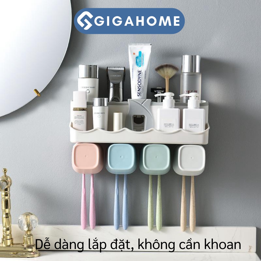 Bộ Nhả Kem Đánh Răng Tặng Kèm 4 Cốc GIGAHOME Có Giá Treo Bàn Chải, Kệ Để Đồ 8149