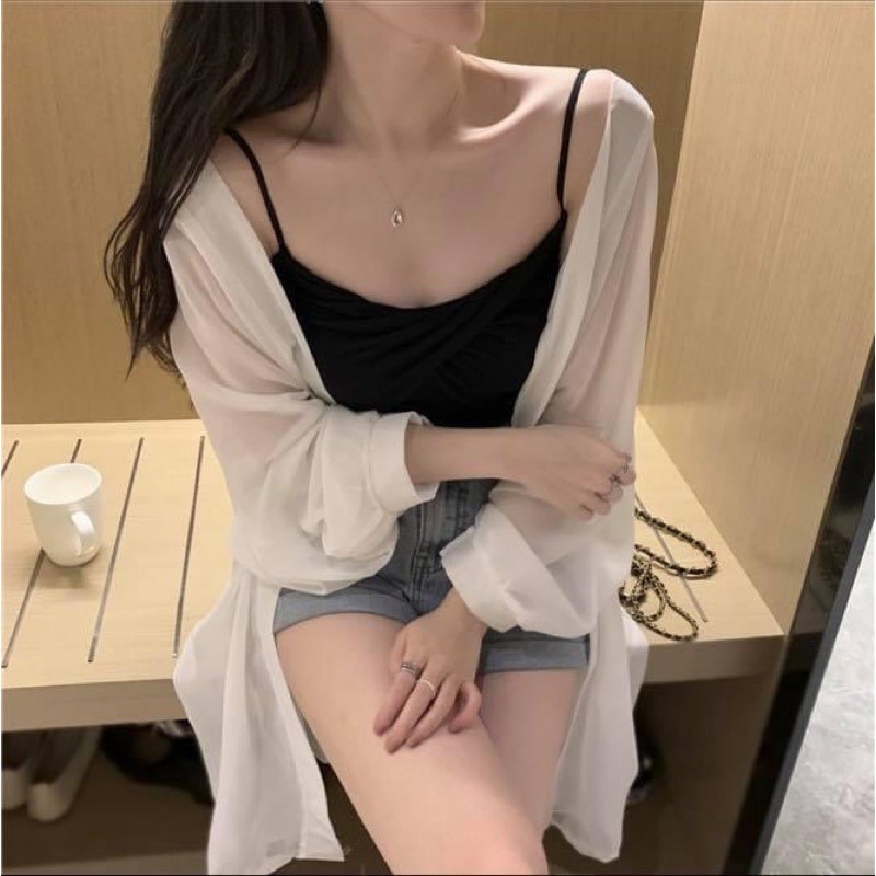 Áo sơ mi khoác cardigan nữ dáng dài trơn voan trắng tay dài oversize - Order taobao quảng châu