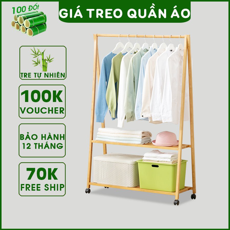 Giá treo quần áo đa năng hình chữ A 100 Đốt gỗ tre - Kệ phơi đồ có chỗ để giày tiện lợi