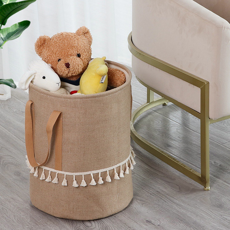 Giỏ Đựng Quần Áo Bẩn / Đồ Chơi Trẻ Em Bằng Sợi Đay Cotton Lanh Bện Gấp Được Màu Nâu