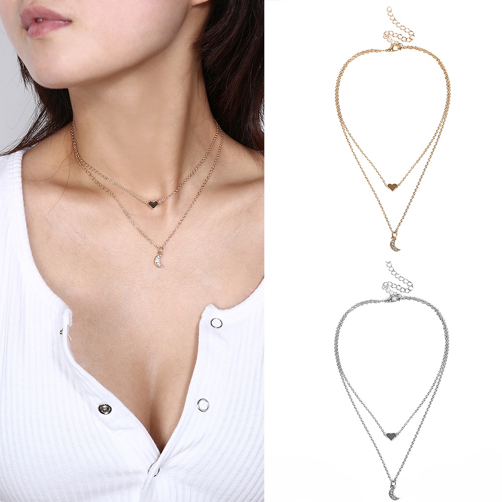Vòng cổ nữ 2 lớp phối mặt hình mặt trăng/trái tim đính đá thời trang