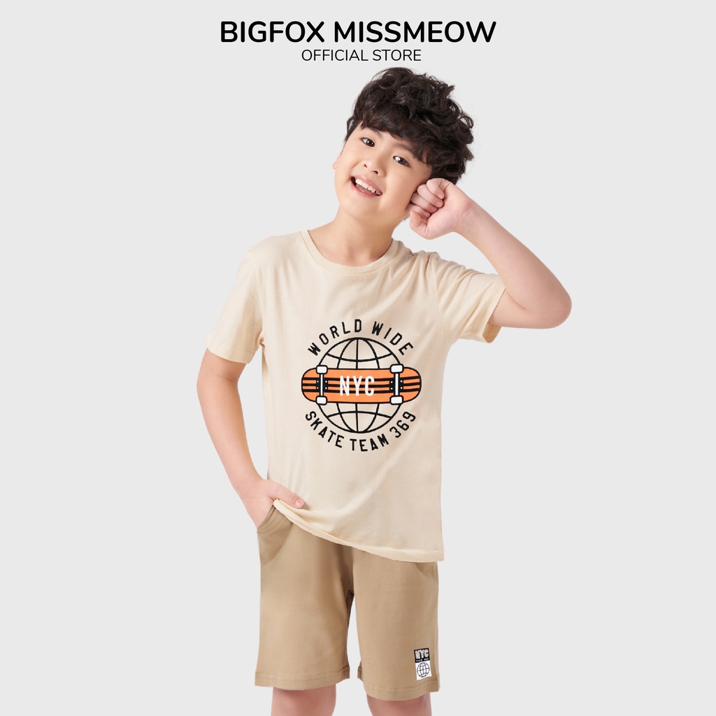 Bộ phông bé trai Bigfox - Miss Meow cộc tay mặc hè chất liệu cotton họa tiết ván trượt nyc size đại 12,13,14,15 tuổi