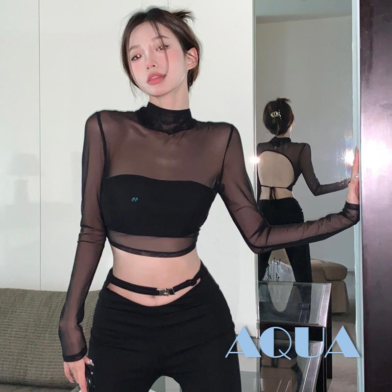 Áo Thun Crop Top Tay Dài Phối Lưới Xuyên Thấu Màu Trơn Hở Lưng Gợi Cảm Thời Trang Đường Phố Cho Nữ