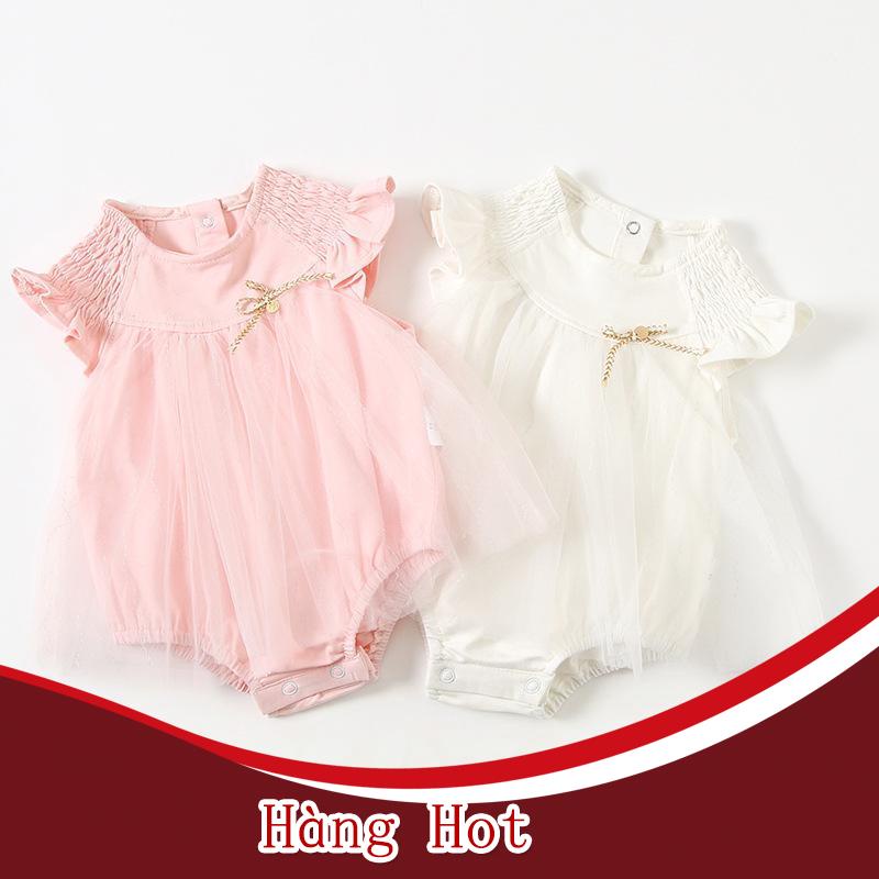 Áo Liền Quần Dạng Đầm Cotton Tay Xòe Ngắn Phối Vải Lưới Đáng Yêu Cho Bé Gái Sơ Sinh