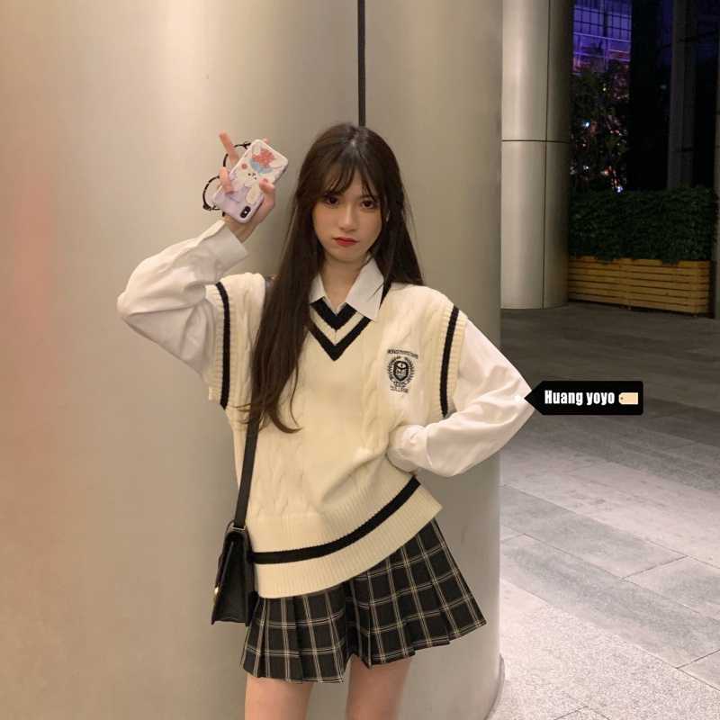 HUANG YOYO Áo croptop 2023 khoác len không tay cổ chữ V phong cách Hàn cho nữ