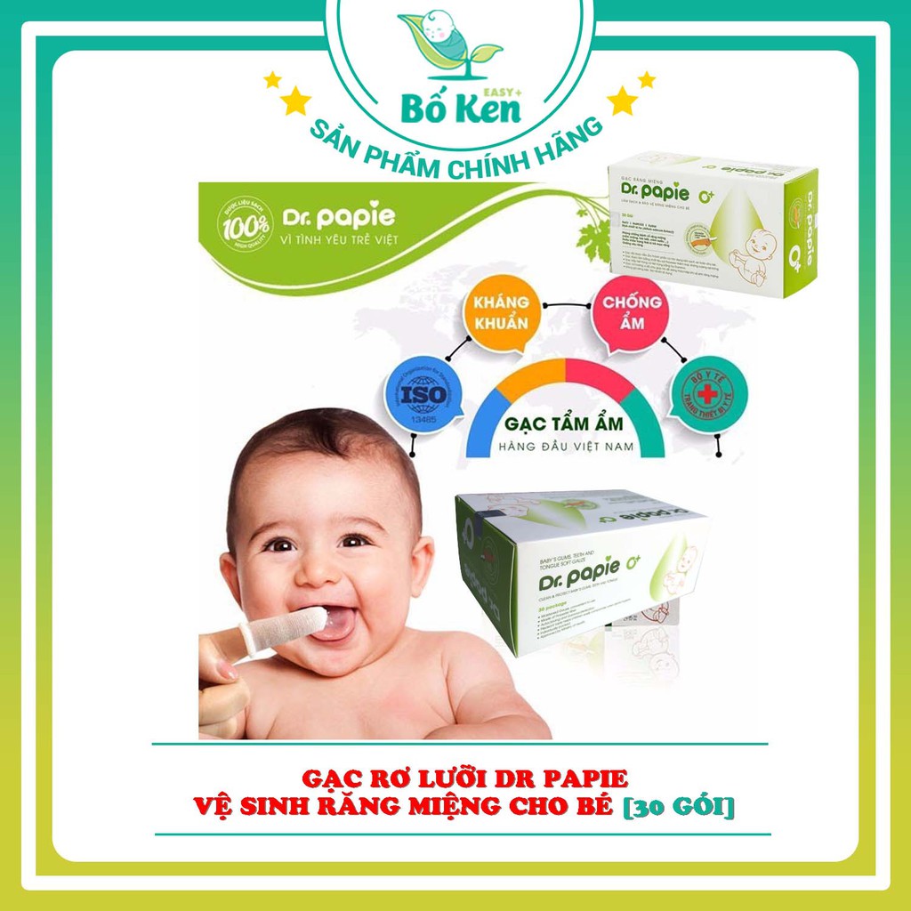 Gạc rơ lưỡi Dr Papie vệ sinh răng miệng / Rơ lưỡi Dr Papie cho bé [Hàng Việt Nam/ 30 Gói/Hộp]