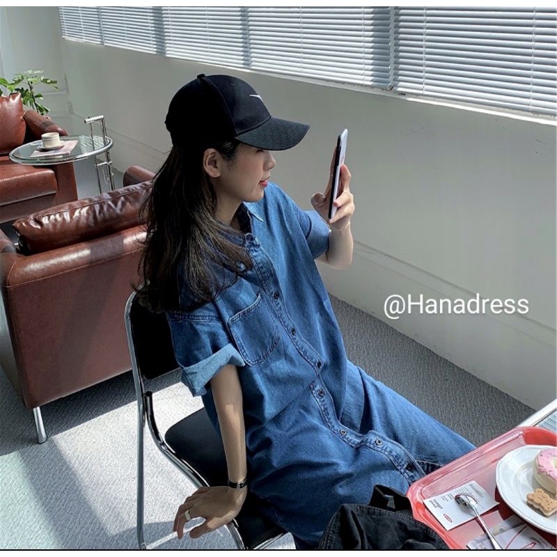 Váy sơ mi bò kaki jeans dáng dài qua gối retro, váy sơ mi suông dáng rộng siêu phẩm deal1k by hanadress