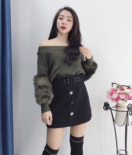 Áo len trễ vai tay lông ( kèm ảnh thật )