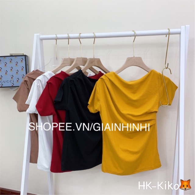 Áo thun lệch vai ngắn tay siêu xinh, Áo kiểu vai lệch tay cộc vải cotton co giãn CS0101 - NhiNhi Shop