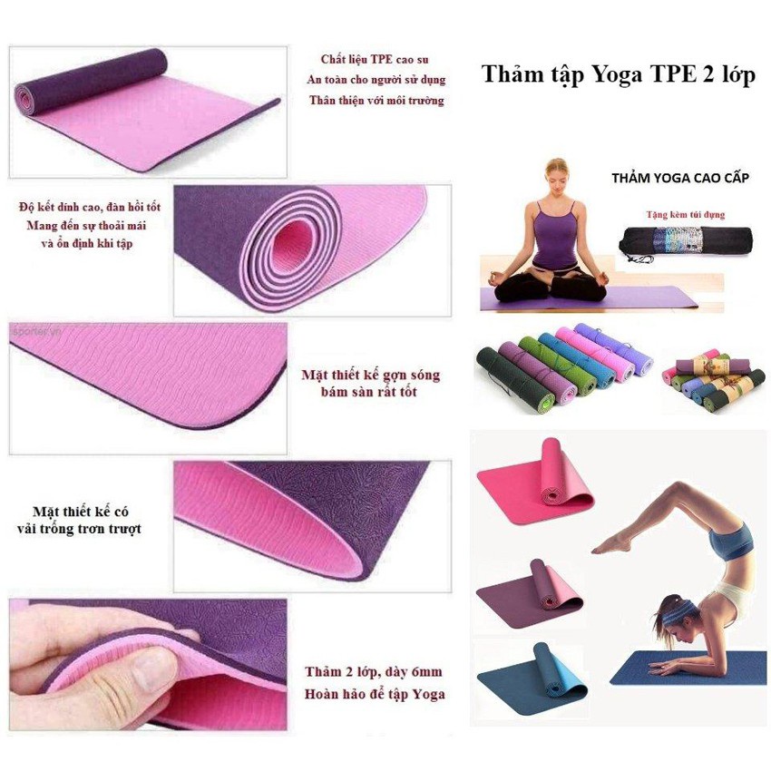 Thảm tập yoga TPE 2 lớp 6mm cao cấp , tập gym không mùi , họa tiết nổi , chống trơn trượt , thấm hút tốt 183*61*0.6cm