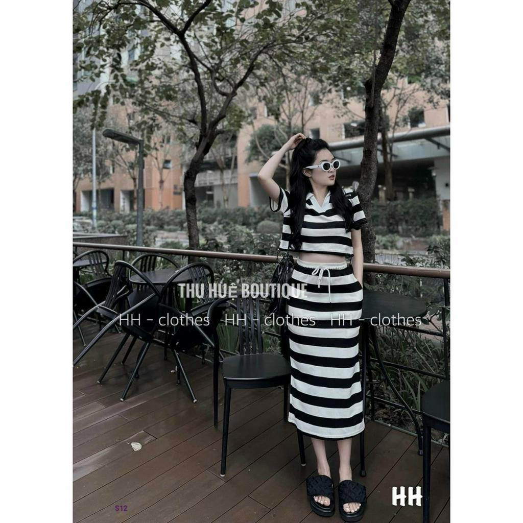 [6.6 Sales Freeship] Set váy thun kẻ sọc trắng đen basic, set áo cổ bẻ tay ngắn sọc ngang mix chân váy dài cá tính mtb