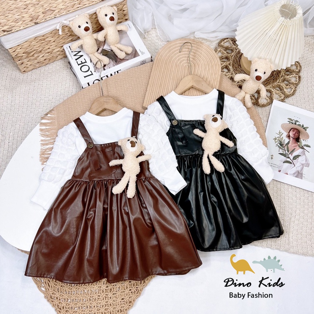 Váy thu đông dài tay cho bé gái, váy yếm da kèm áo cotton tay xốp bồng TĂNG GẤU siêu xinh cho bé