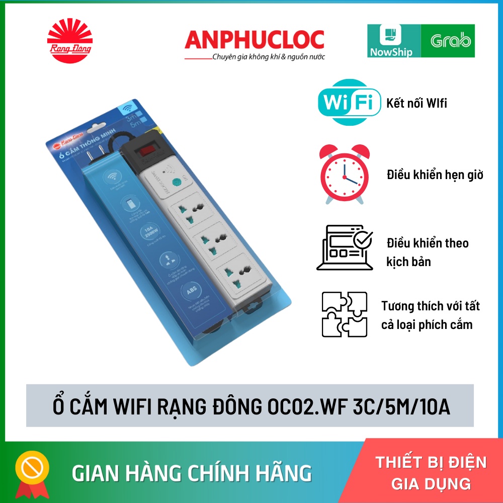 [ SALE LẤY ĐÁNH GIÁ]  Ổ Cắm Thông Minh wifi Rạng Đông OC02.WF 5 MÉT -  2500W - 3 Ổ CẮM  [GIAO NHANH 2H HCM ]