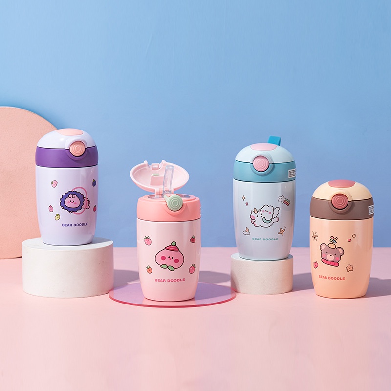 Bình giữ nhiệt mini siêu cute có ống hút silicon 280ml bình nước giữ nhiệt cho bé nhiều mẫu dễ thương B22