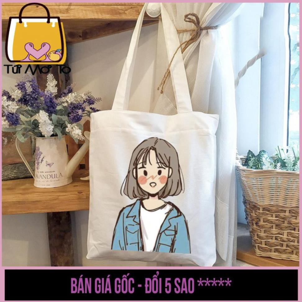 Úi tote, túi vải canvas VUÔNG, có khóa kéo in hình Cô Gái TÓC NGẮN - Túi Mơ Tro store