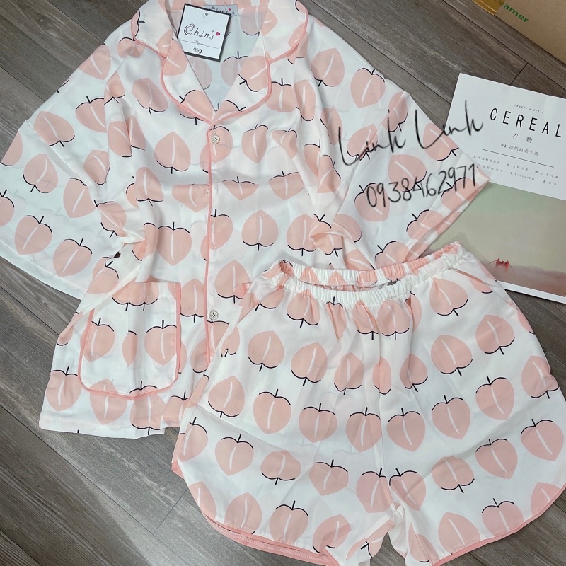 pijama cánh dơi lụa mango hoạ tiết trái tim