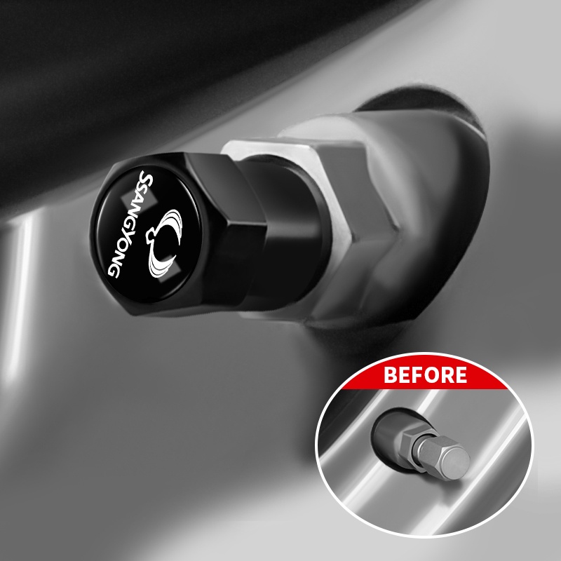 Bộ 4 Nắp Van Bánh Xe Hơi Bằng Nhôm Màu Bạc / Đen Hình Lục Giác Cho SsangYong Actyon Turismo Rodius Rexton Korando Kyron