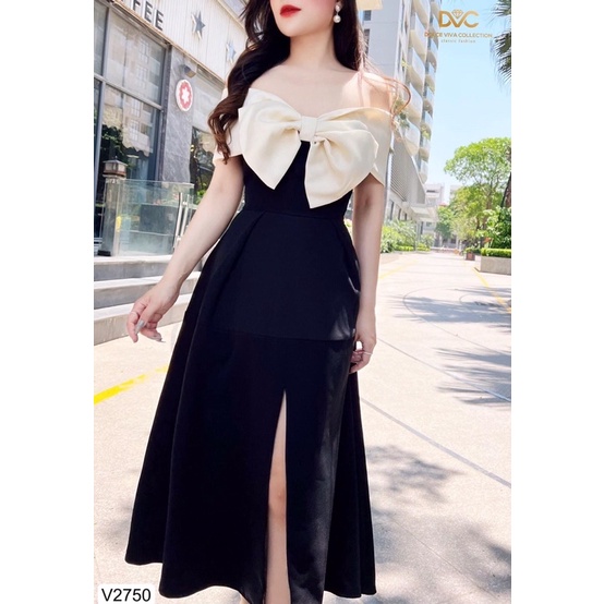 V2750 váy trễ vai màu đen xẻ tà