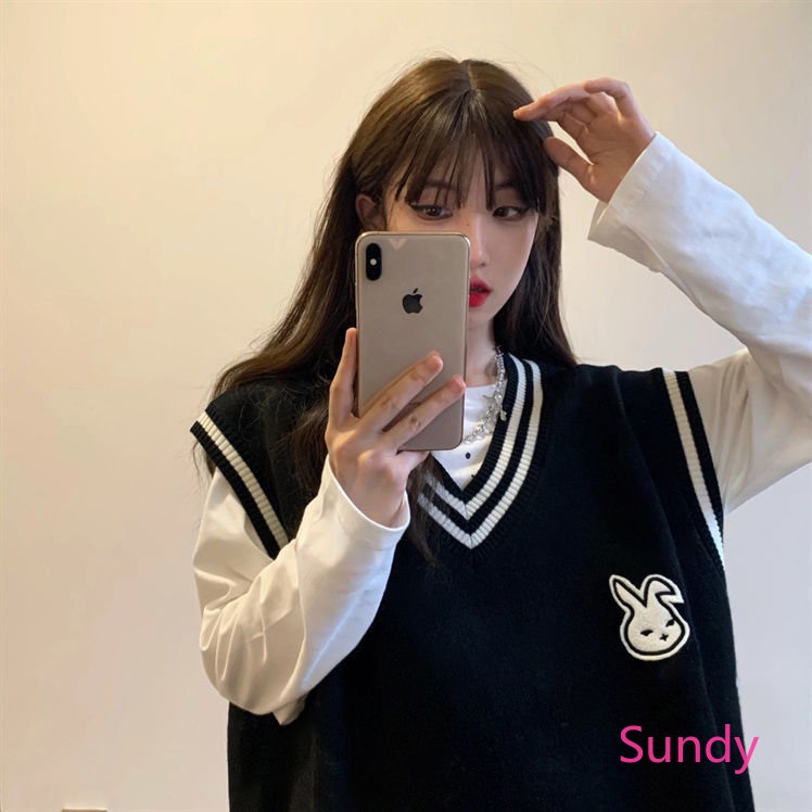 Set Áo Thun Tay Dài Và Áo Len Không Tay Cổ Chữ V Form Rộng Thời Trang Xuân Thu Cho Nữ Sinh