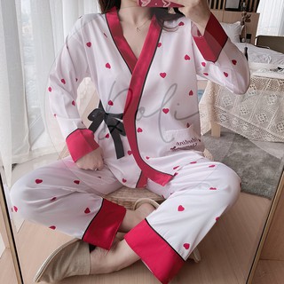 Đồ ngủ lụa Latin Cao cấp Kimono mặc nhà Tim Đỏ BNKTDO
