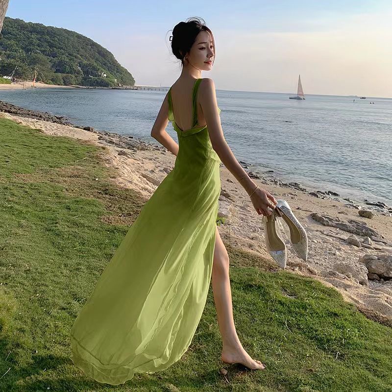 Đầm Hai Dây Cổ Chữ V Phối Bèo Xẻ Tà Thời Trang Cao Cấp Cho Nữ