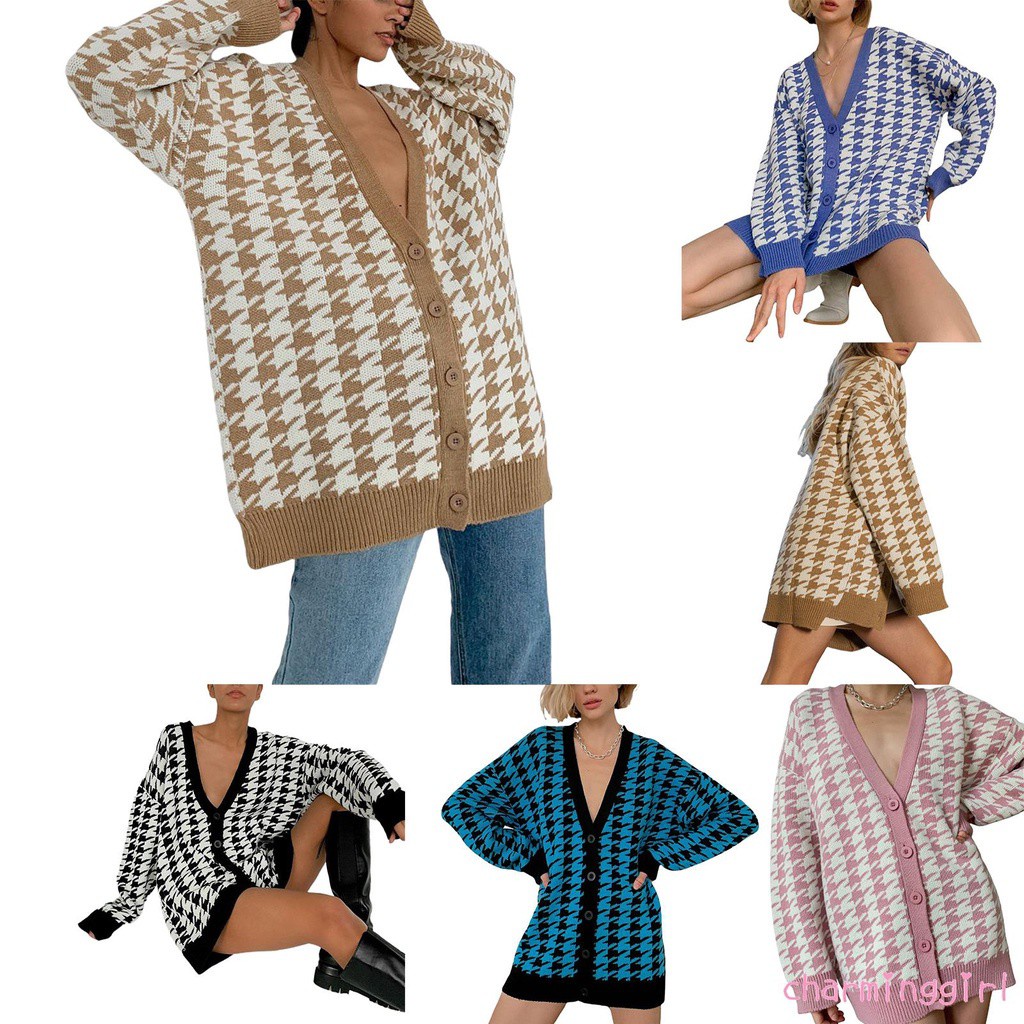 Áo Khoác Cardigan Dệt Kim Tay Dài Cổ Chữ V Dáng Rộng Thời Trang Cho Nữ
