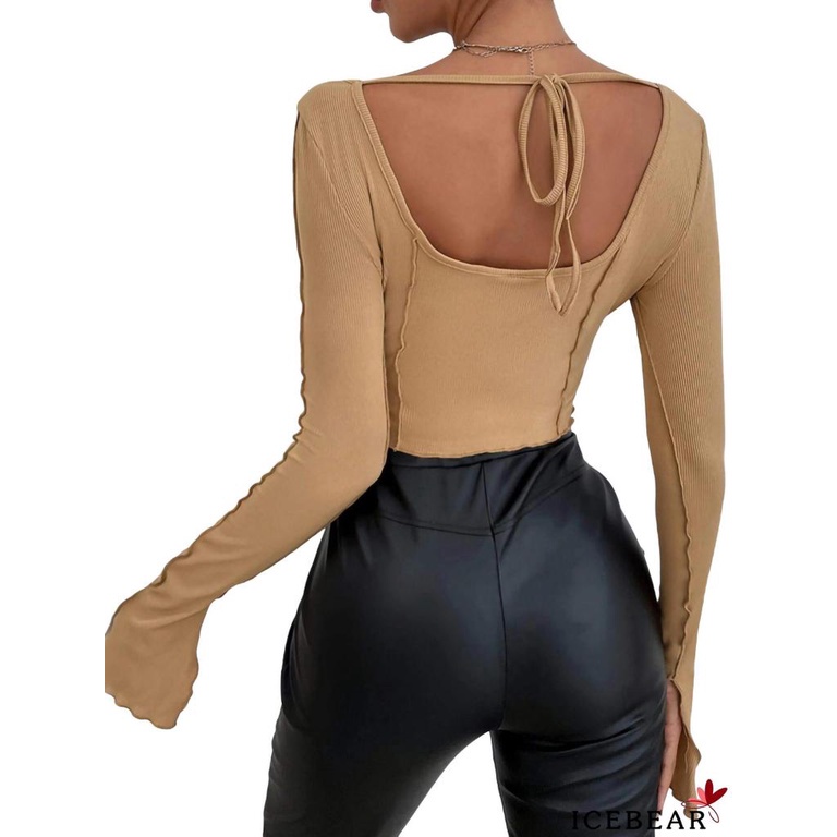 Áo croptop dệt kim tay loe dài cổ vuông phong cách đường phố quyến rũ cho nữ