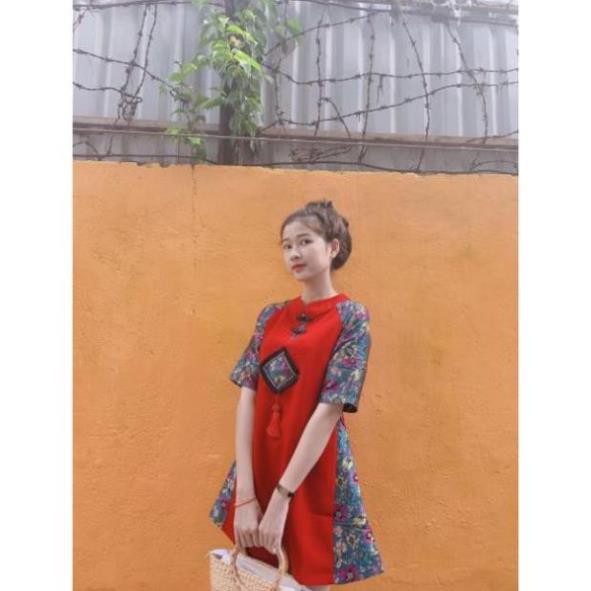 Áo dài cách tân phong cách, đầm đỏ sườn xám phối gấm hoa cao cấp | BigBuy360 - bigbuy360.vn