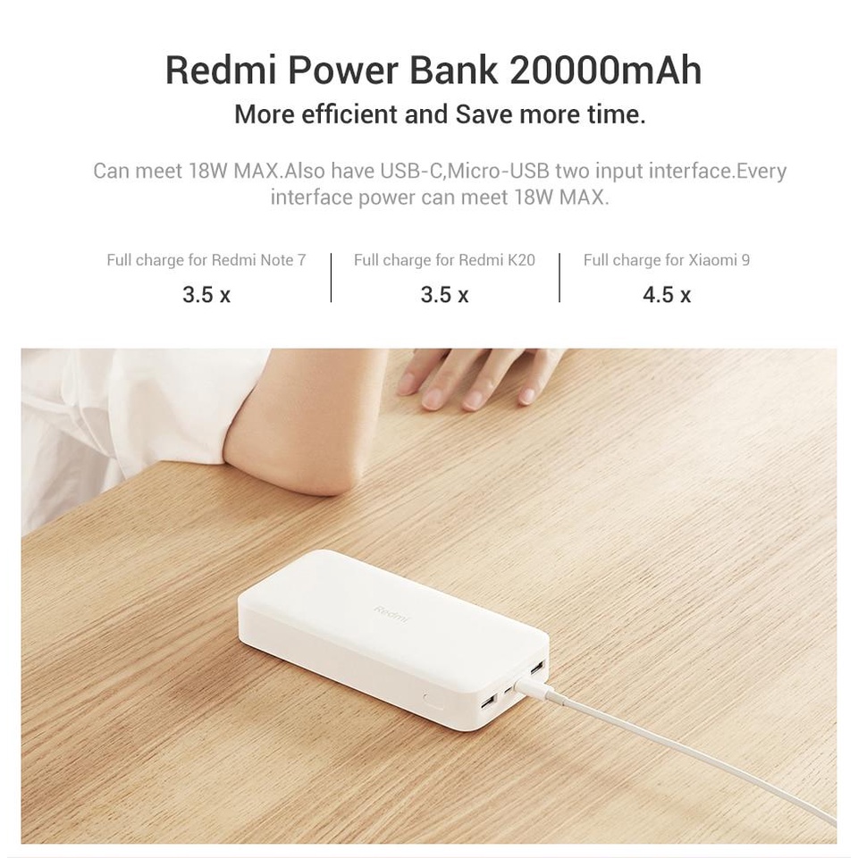 Sạc dự phòng Xiaomi redmi 20000Mah 74Wh 3.7V Sạc nhanh 18W ( Cổng ra USB) Lõi Pin Li-ion polymer - Digiworld