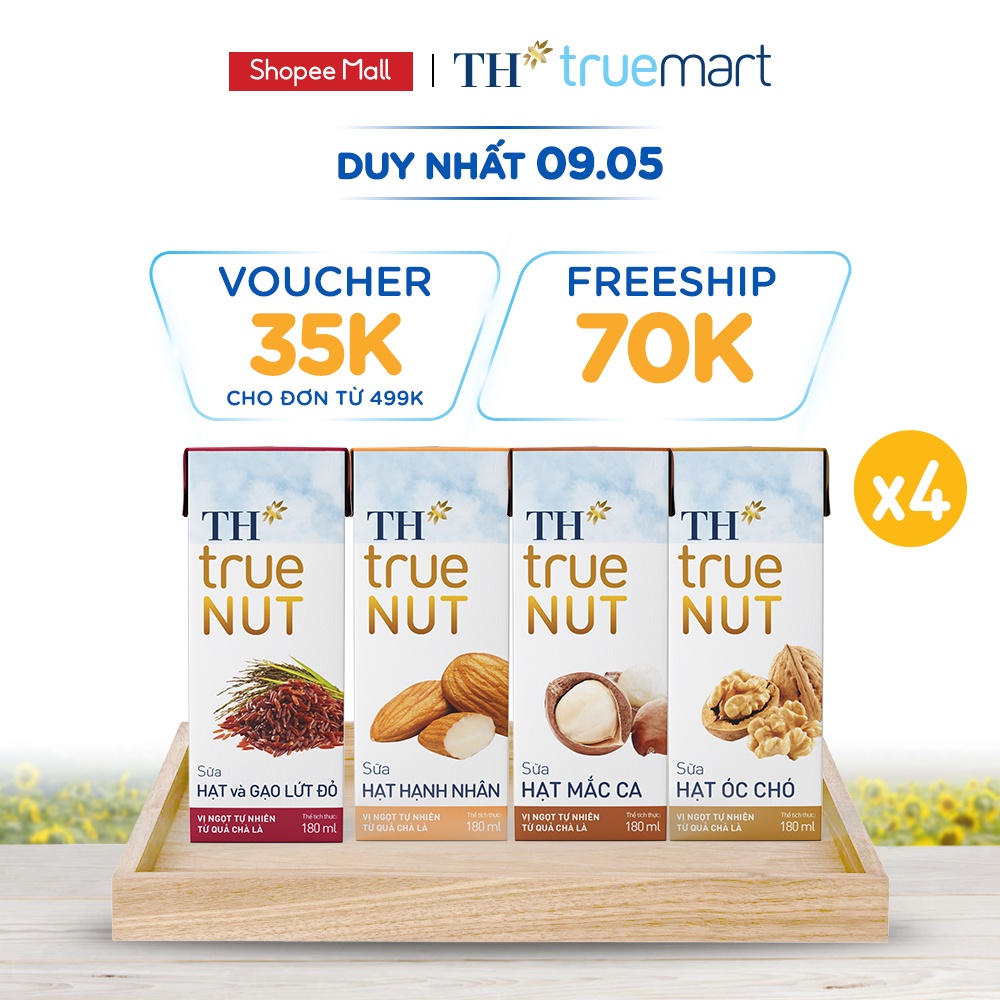 4 Lốc sữa hạt hạnh nhân, mắc ca, óc chó, gạo lứt của TH True Nut 180ml (180ml x 4 hộp)