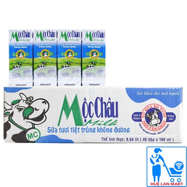 THÙNG 48 HỘP SỮA TƯƠI TIỆT TRÙNG MỘC CHÂU 180ML KHÔNG ĐƯỜNG/ CÓ ĐƯỜNG