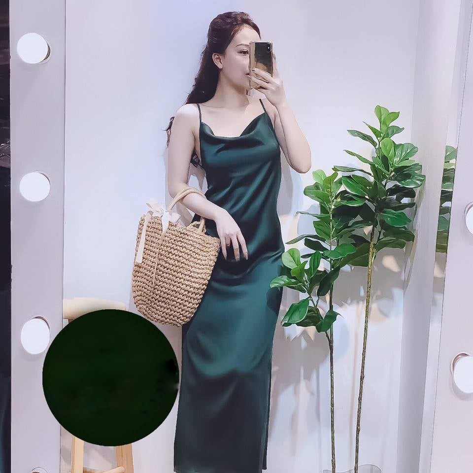 Váy lụa 2 dây cổ đổ chất lụa satin hàng đẹp - Đủ Size