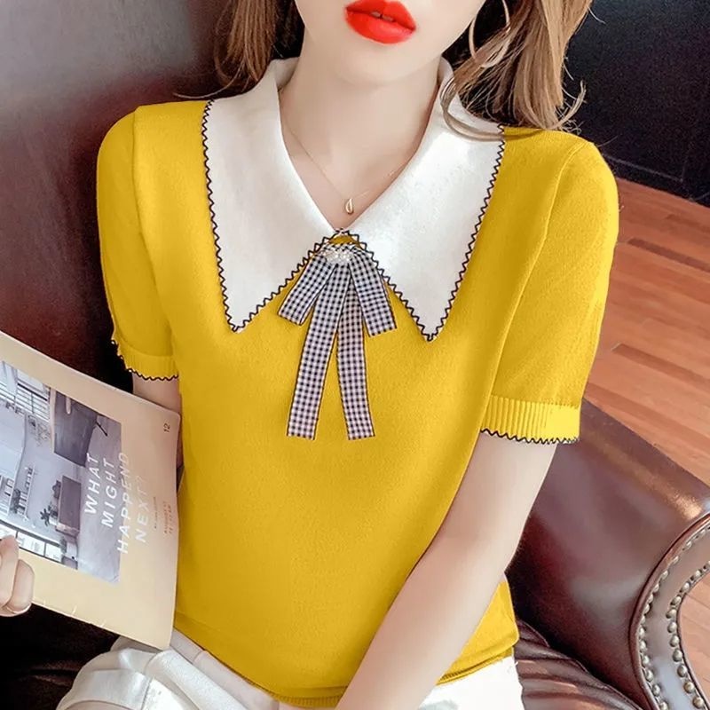【ZHELIHANGFEI】Áo Thun Dệt Kim Tay Ngắn Cổ Búp Bê Thắt Nơ Xinh Xắn Hợp Thời Trang
