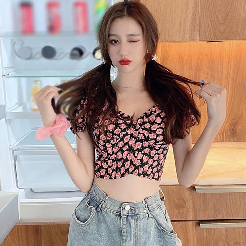 Áo Chiffon Tay Ngắn Cổ Chữ V In Họa Tiết Hoa Xinh Xắn Phong Cách Hàn Quốc | BigBuy360 - bigbuy360.vn
